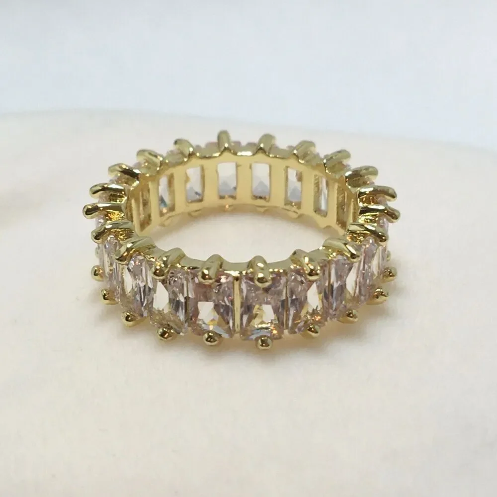 Yellow Gold Plated Eternity Ring Size 6.5 Wide Band Cubic Zirconia Baguettes